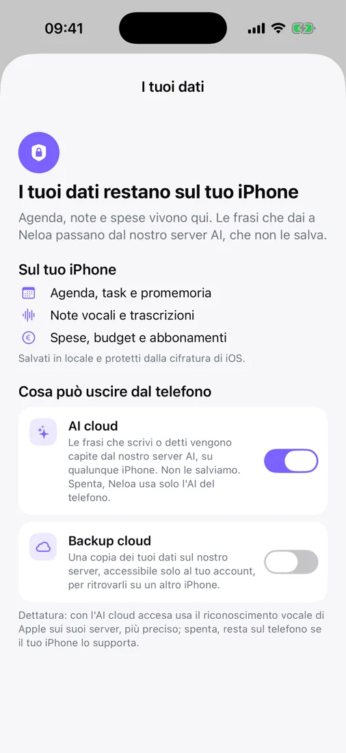 Schermata 'I tuoi dati' con gli interruttori AI cloud e Backup cloud